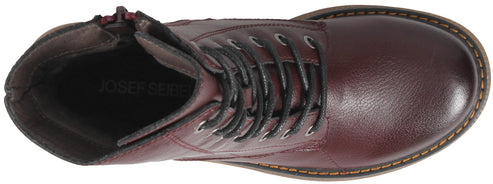 A top-down view of a burgundy leather lace-up boot with black laces and a side zipper.