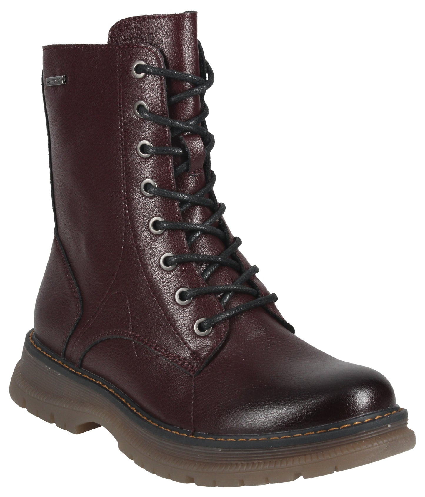 A dark burgundy, mid-calf leather combat boot featuring black laces threaded through six pairs of metal eyelets, a rounded toe, and a sturdy, textured rubber sole with a visible yellow welt stitch.