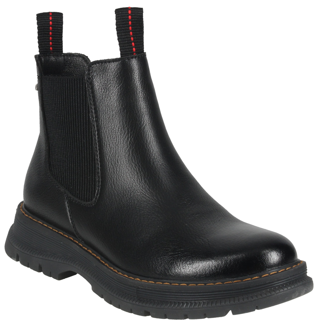 A black leather Chelsea boot with a thick lug sole, a black elastic side panel, and two pull tabs featuring a vertical red stitch detail.