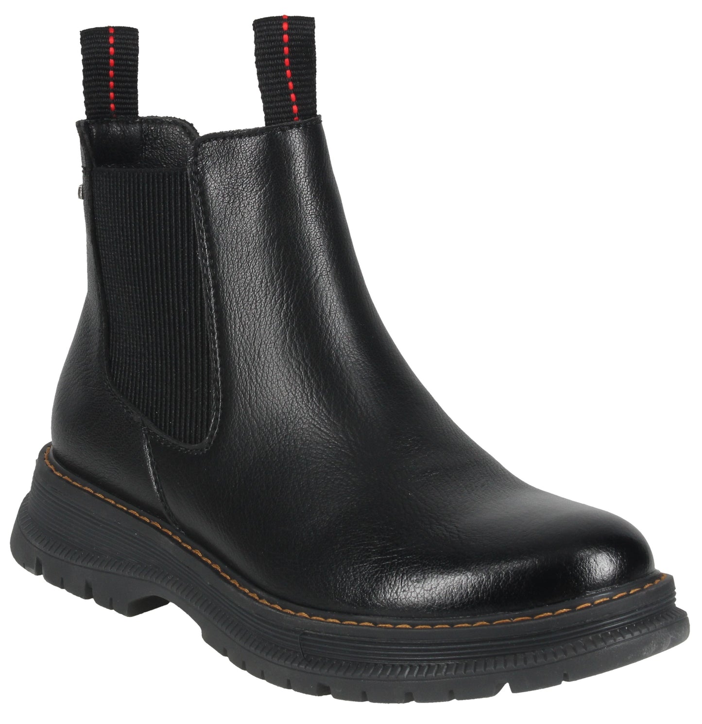 A black leather Chelsea boot with a thick lug sole, a black elastic side panel, and two pull tabs featuring a vertical red stitch detail.