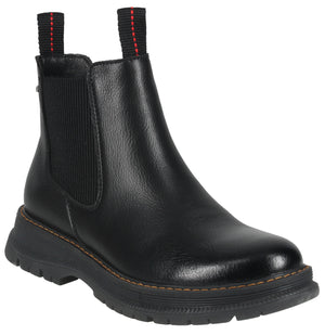 A black leather Chelsea boot with a thick lug sole, a black elastic side panel, and two pull tabs featuring a vertical red stitch detail.
