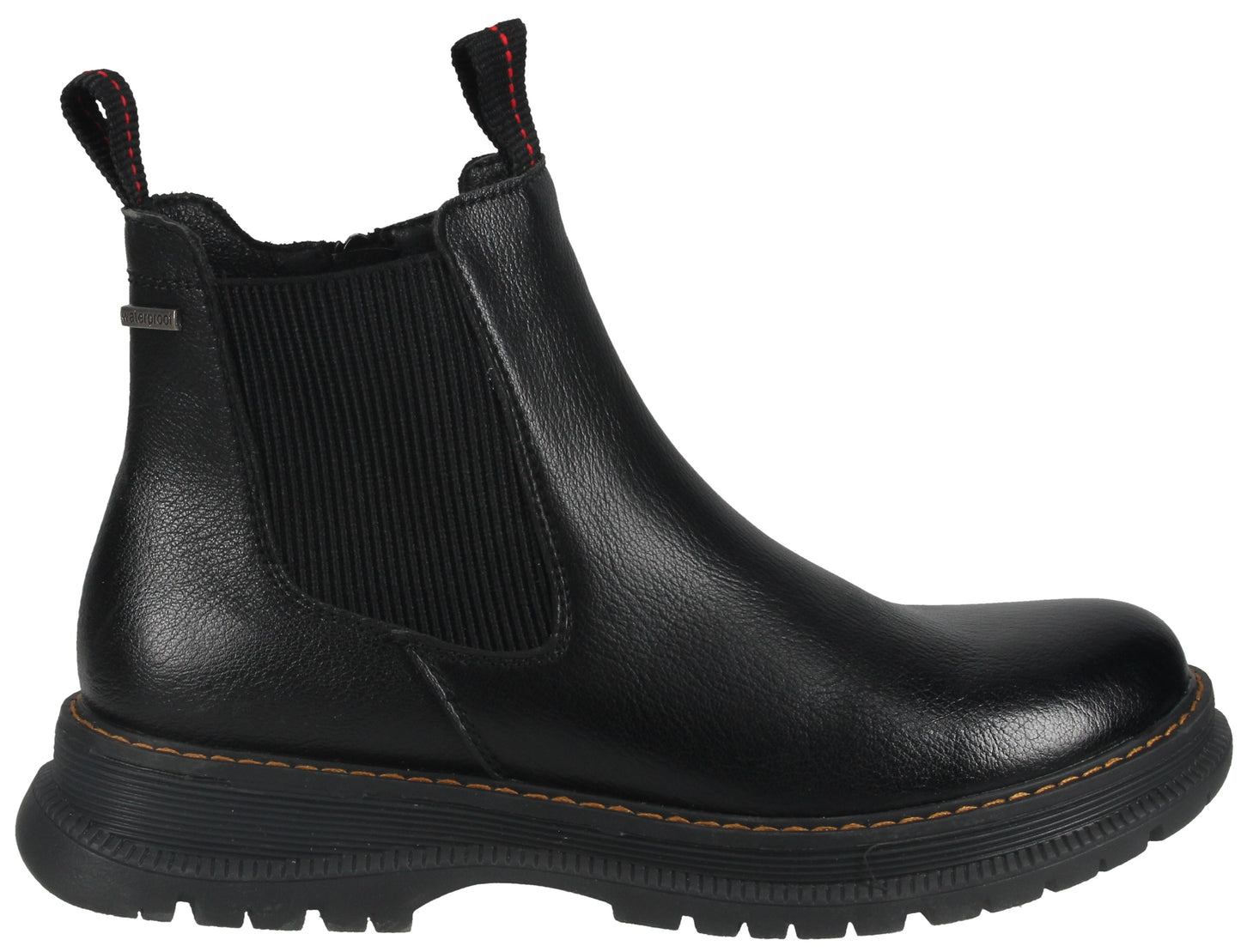 A black leather Chelsea boot with a thick black lugged rubber sole, elastic side panels, and black pull tabs with red stitching detail.