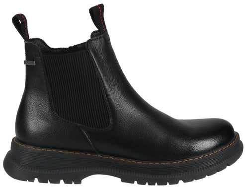 A black leather Chelsea boot with a thick black lugged rubber sole, elastic side panels, and black pull tabs with red stitching detail.