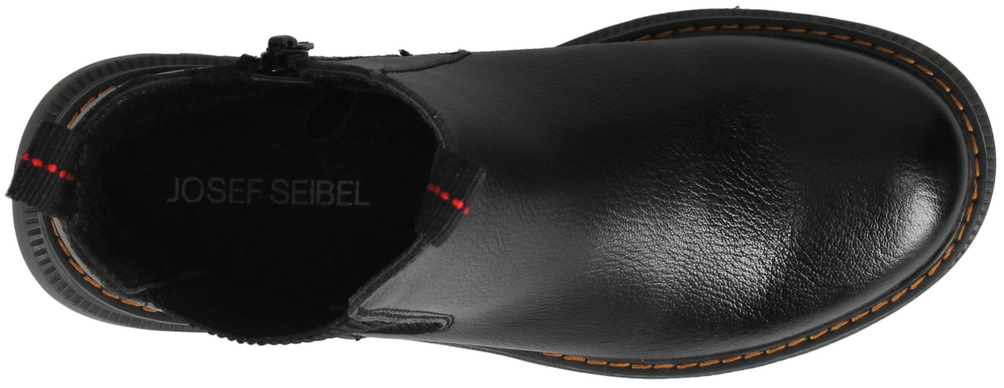 A top-down view of a black leather ankle boot with visible contrast stitching along the sole, a zipper on the side, and black pull tabs with red stitching detail at the heel, showing the interior brand name 'JOSEF SEIBEL'.