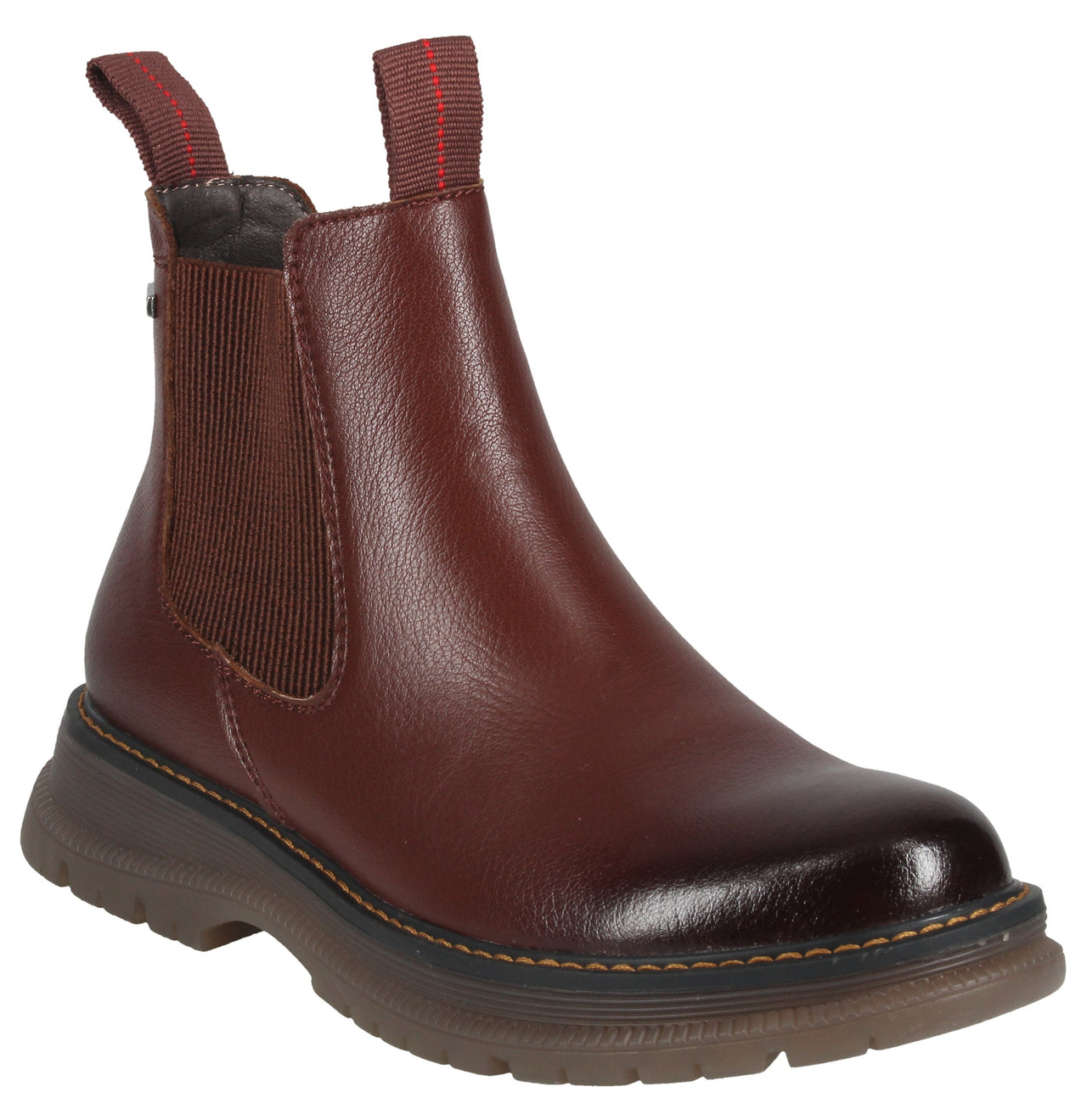 A brown leather Chelsea boot with an elastic side panel, two pull tabs at the top, a dark ombre toe, and a chunky, thick, treaded rubber sole.