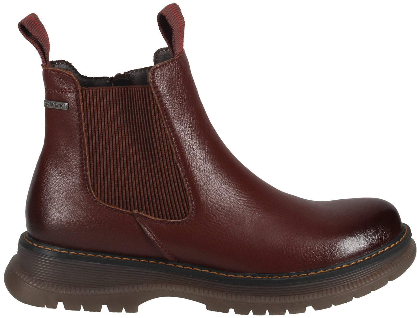 A maroon Chelsea boot featuring pebbled leather, dark elastic side panels, front and back pull tabs, a small grey tag on the side, and a thick, dark brown treaded sole.