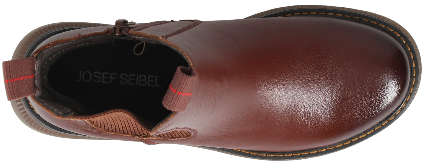A top-down view of a brown leather Chelsea boot with elastic side panels, featuring a pull tab with a red stripe at the heel, a visible side zipper, and the brand name JOSEF SEIBEL printed inside.