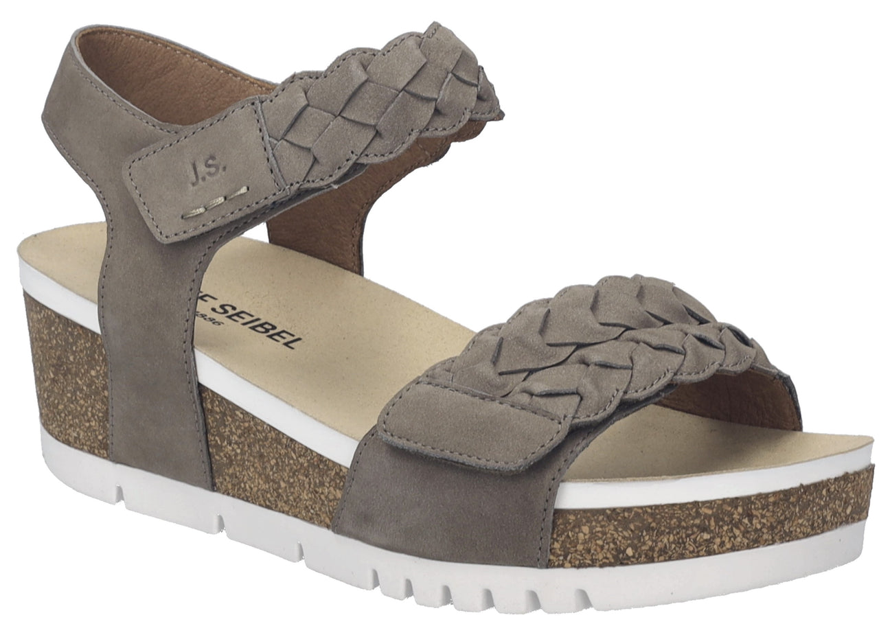 Gray women's wedge sandal with braided straps and J.S. stitched on the ankle strap.