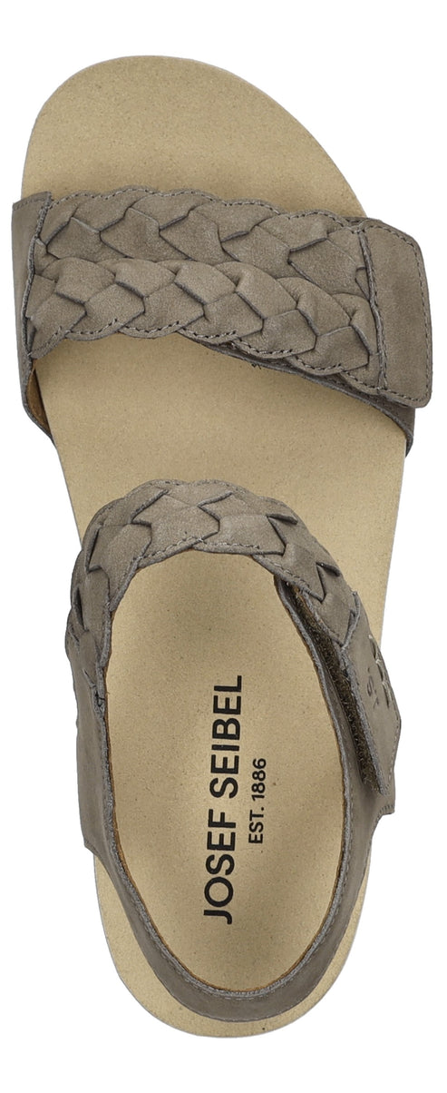 Top-down view of gray sandals with woven straps and velcro closures.