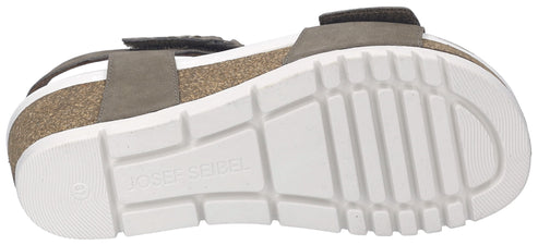 The shoe sole is white with a brown mid-sole, attached to a sandal with grey straps.