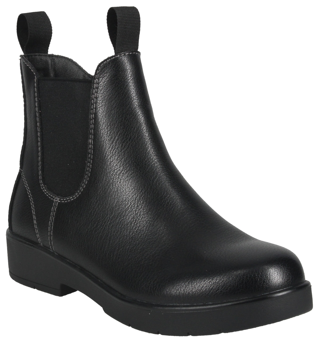 A black leather Chelsea boot with elastic side panels, a rounded toe, and two pull tabs at the top, featuring visible gray stitching around the side panels and heel.