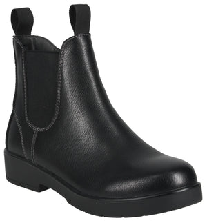 A black leather Chelsea boot with elastic side panels, a rounded toe, and two pull tabs at the top, featuring visible gray stitching around the side panels and heel.