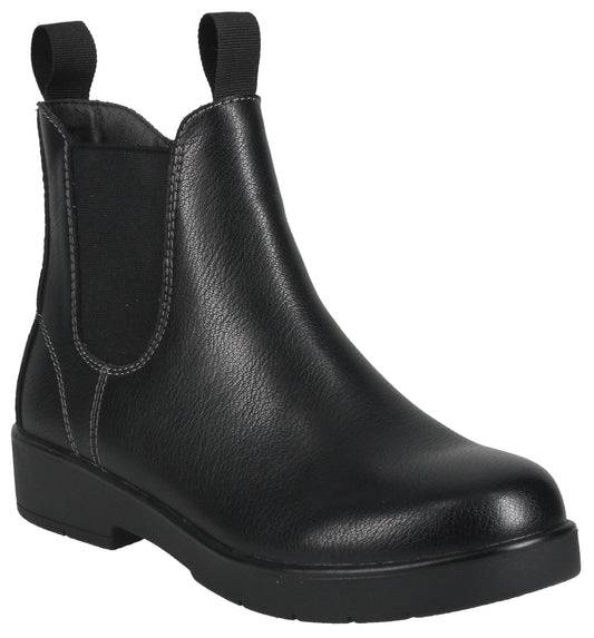 A black leather Chelsea boot with elastic side panels, a rounded toe, and two pull tabs at the top, featuring visible gray stitching around the side panels and heel.