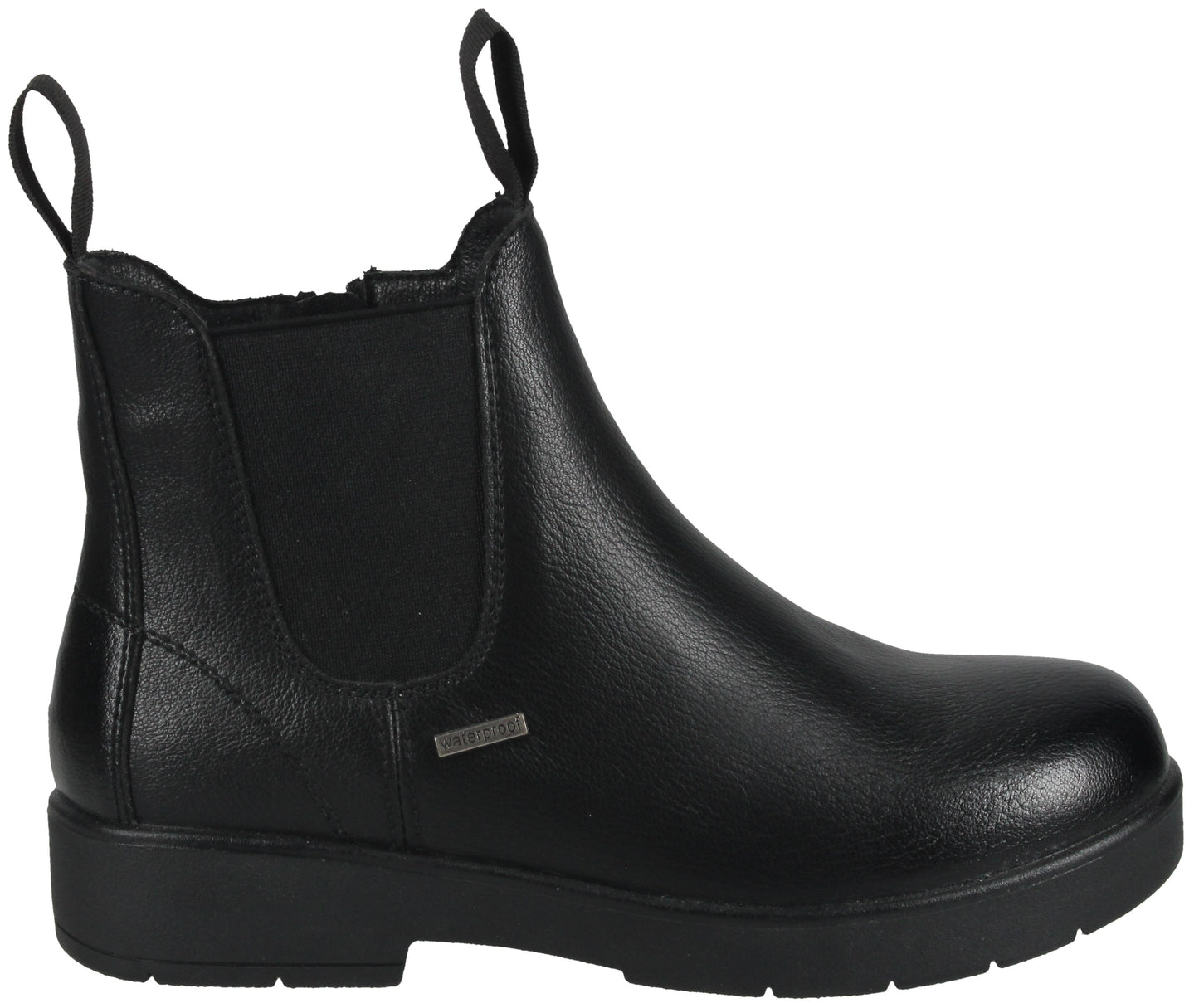 A black leather Chelsea boot with side elastic panels, two pull-tabs, and a sturdy black rubber sole, featuring a small silver branded tag on the side.