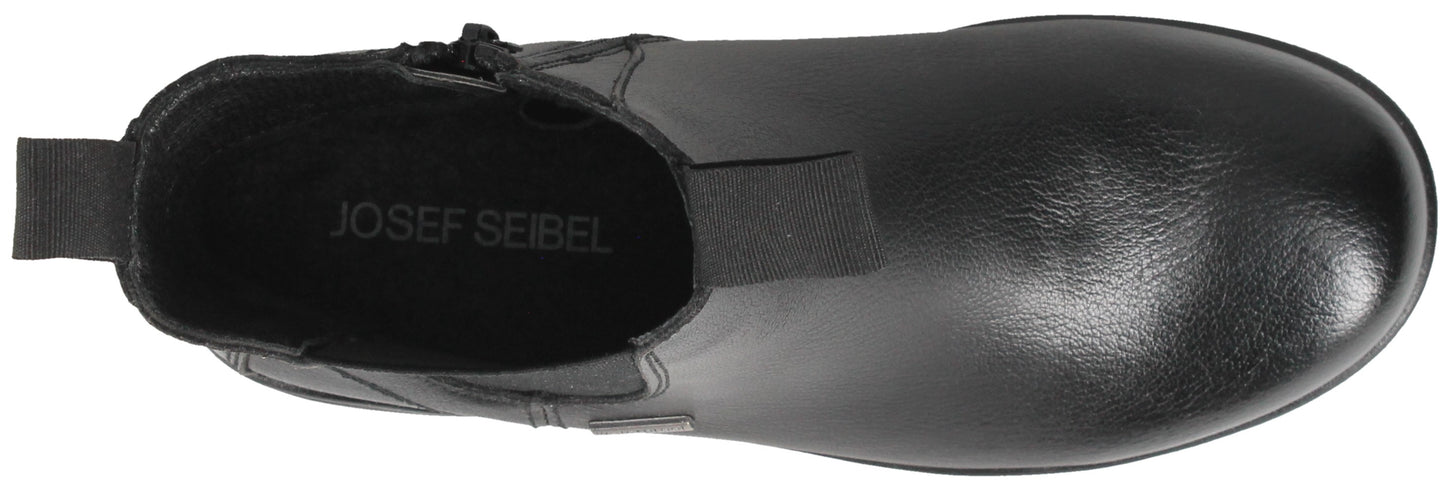 A top-down view of a smooth black ankle boot featuring a pull tab at the heel, a flexible elastic panel at the side, and the text JOSEF SEIBEL printed on the inner sole.