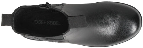 A top-down view of a smooth black ankle boot featuring a pull tab at the heel, a flexible elastic panel at the side, and the text JOSEF SEIBEL printed on the inner sole.