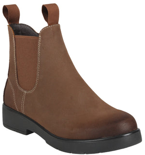 A brown Chelsea boot with a black lug sole, elastic side panels, and brown pull tabs on a white background.