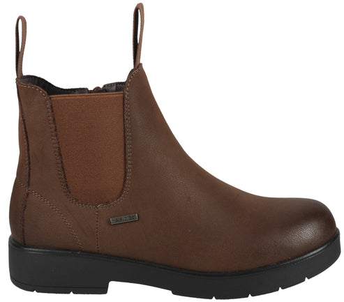 A brown Chelsea boot with a smooth leather finish, elastic side panels, two fabric pull tabs, and a thick black textured rubber sole, featuring a small metallic logo tag on the side.