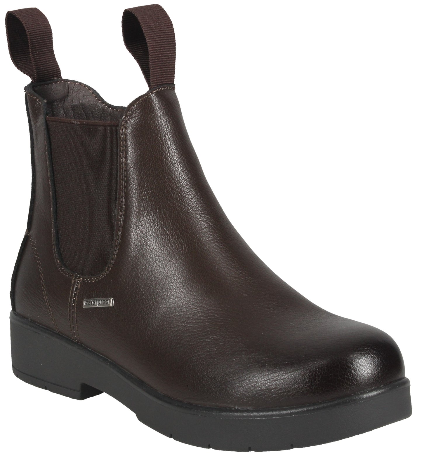A dark brown leather Chelsea boot with dual pull tabs, elastic side panels, a small silver logo tag, and a black lugged rubber sole.