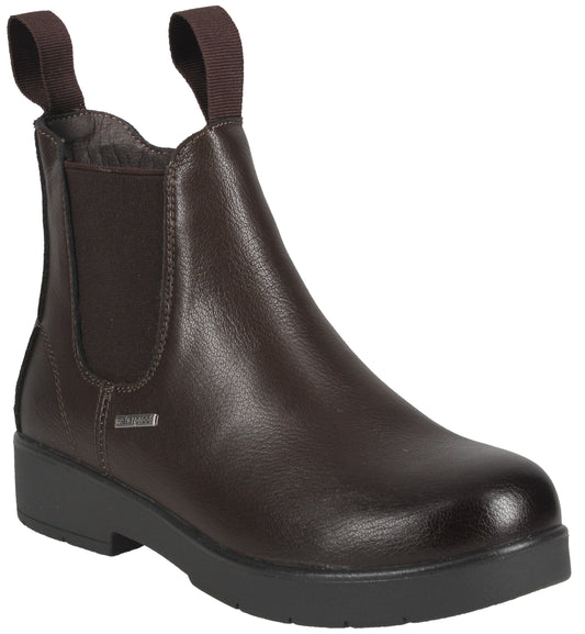 A dark brown leather Chelsea boot with dual pull tabs, elastic side panels, a small silver logo tag, and a black lugged rubber sole.