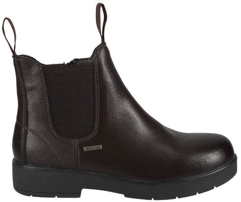 A dark brown leather Chelsea boot with elastic side panels, front and back pull tabs, a lugged black rubber sole, and a small, rectangular silver logo badge on the outer side.