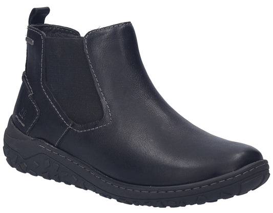 Black leather Chelsea boot with elastic side panels and a low, textured sole.