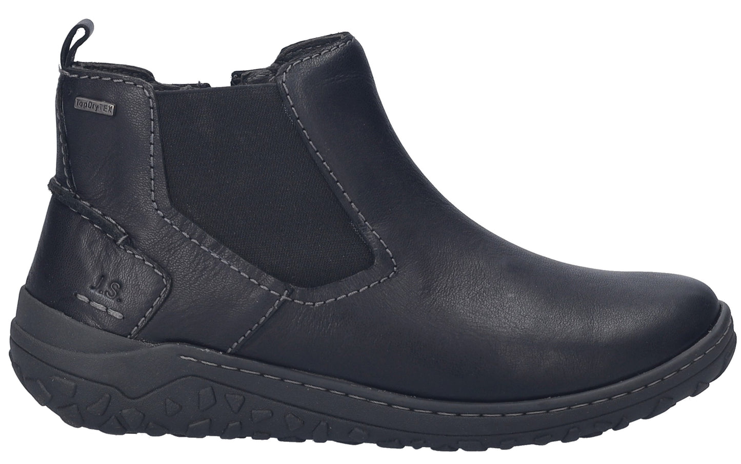 Dark blue leather Chelsea boot with elastic side panel and pull tab.