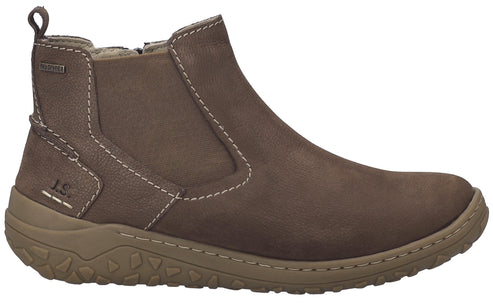 Low-profile, brown ankle boot with elastic side panels and lug sole.