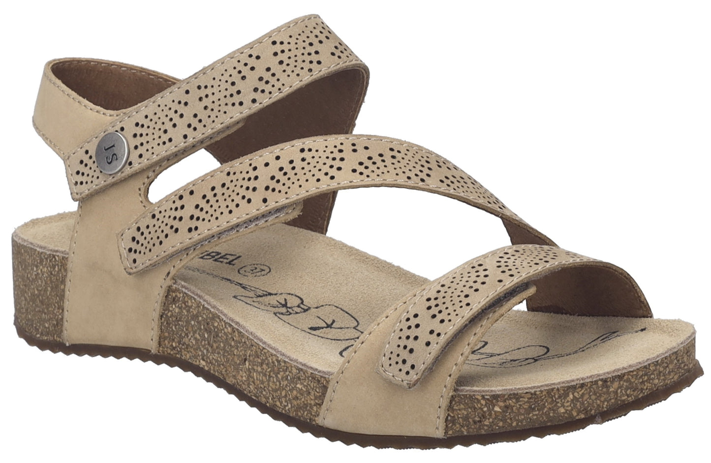 Beige sandal with perforated straps and a cork sole.