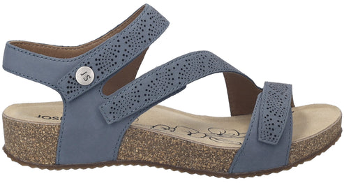 A blue sandal with cork sole and three adjustable straps.