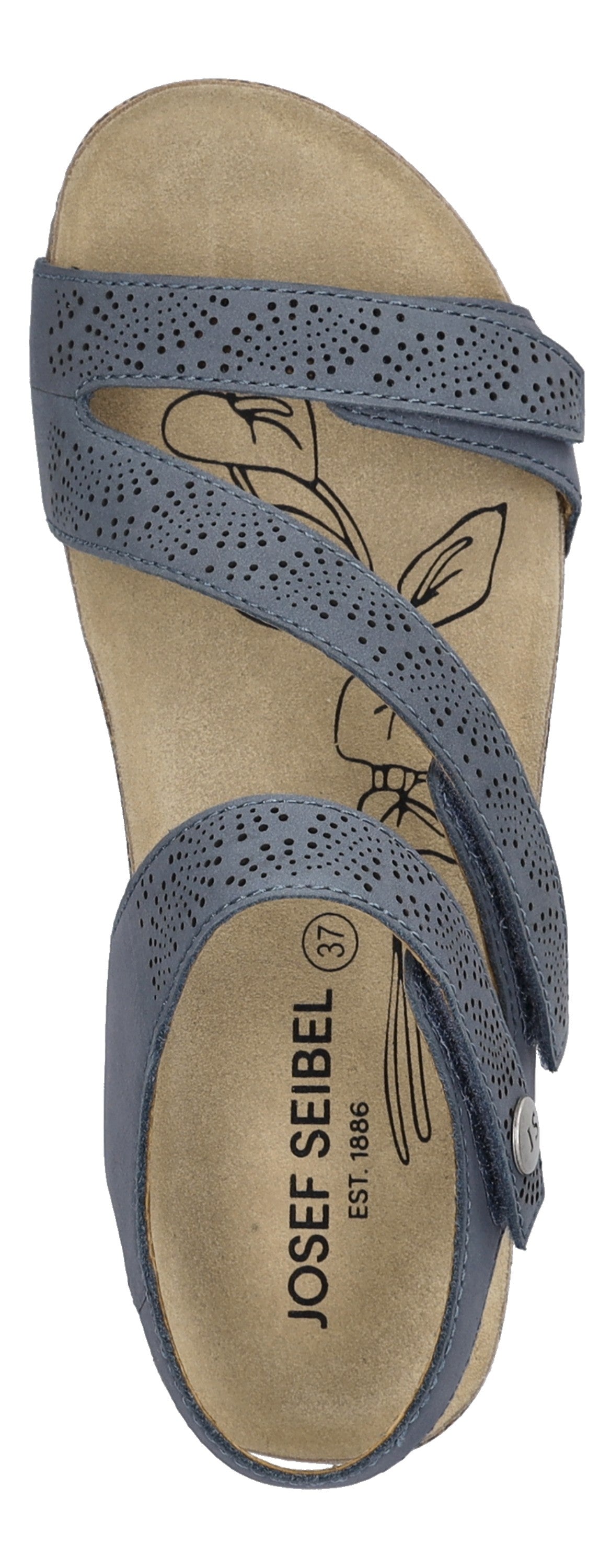 A sandal with blue straps and decorative perforations. "JOSEF SEIBEL EST. 1886" is printed on the shoe.