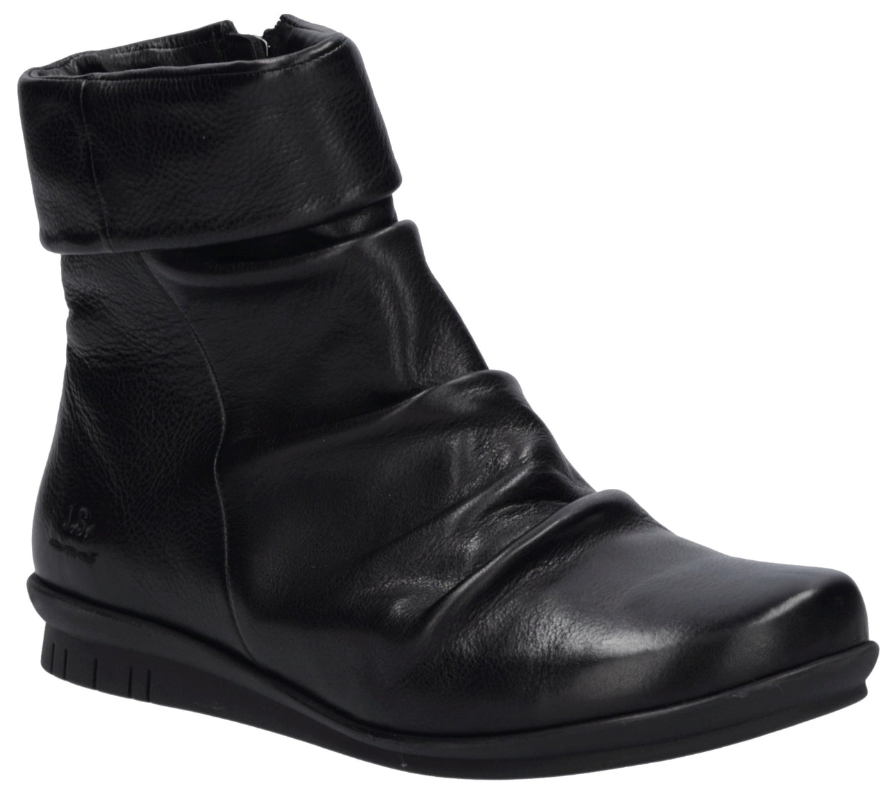 A black leather ankle boot with a folded cuff top and a ruched, gathered upper, set on a flat, textured black rubber sole.