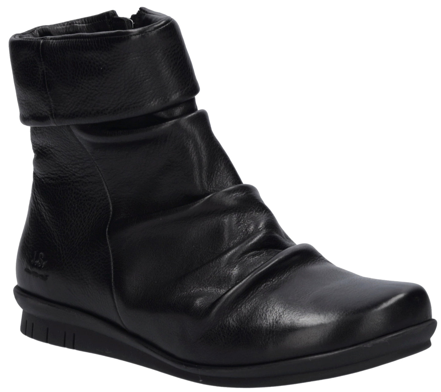 A black leather ankle boot with a folded cuff top and a ruched, gathered upper, set on a flat, textured black rubber sole.