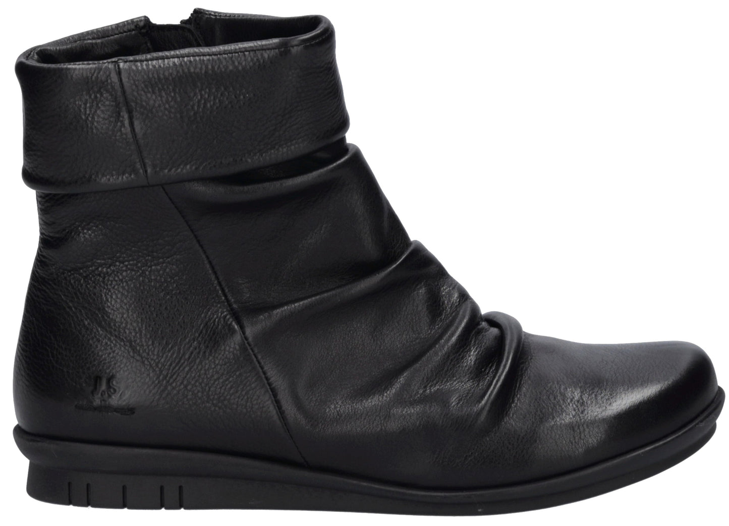 A black leather ankle boot with a folded cuff detail at the top, a ruched front, a smooth rounded toe, and a flat rubber sole, shown in profile.
