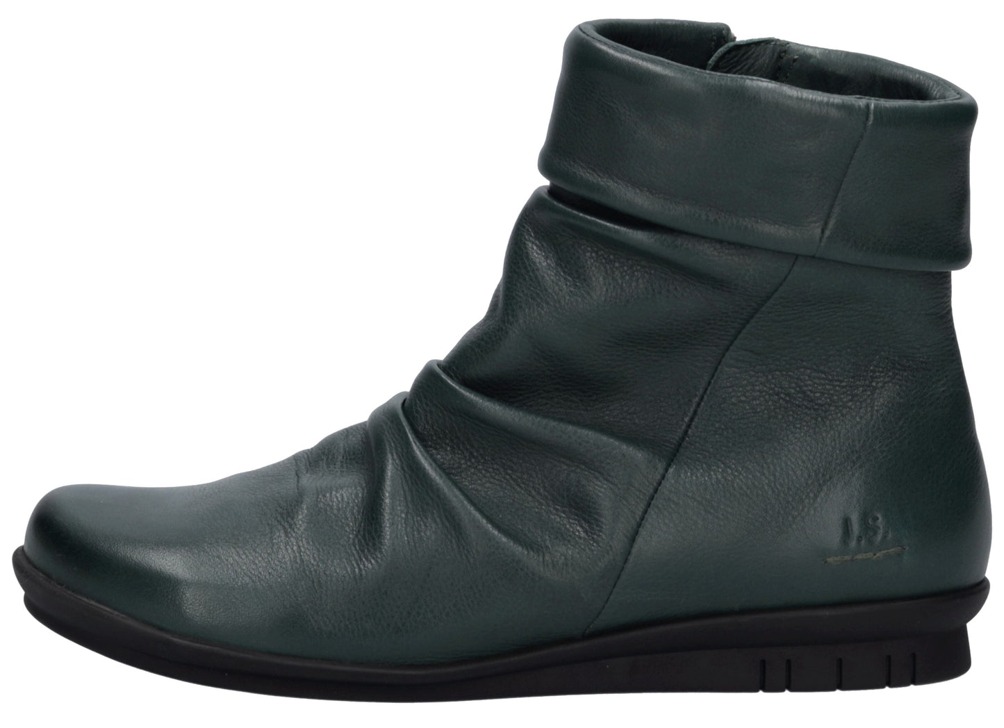 A dark teal, slouchy leather ankle boot with a rounded toe, a folded cuff at the top, and a flat black ridged rubber sole, viewed from the side.