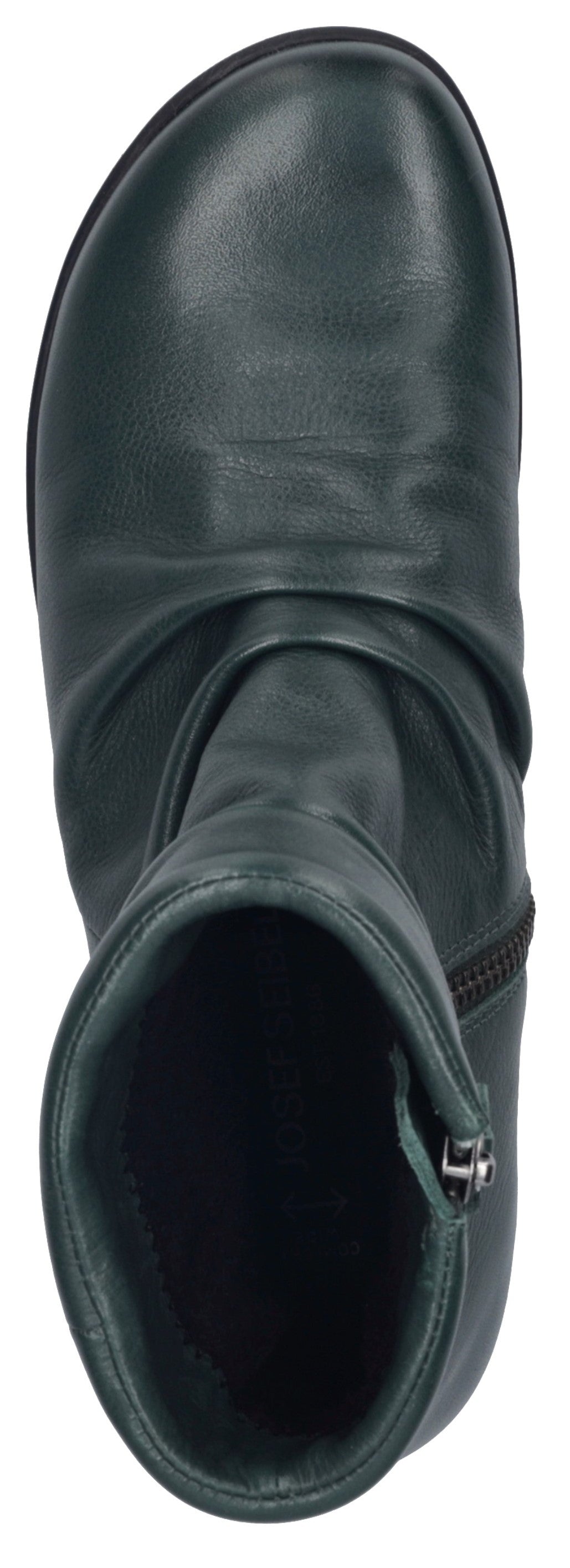 A top-down view of a dark green, ankle-length leather boot featuring a relaxed, ruched shaft and a side zipper closure.