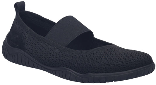 Black knit Mary Jane with elastic strap and pull tab.