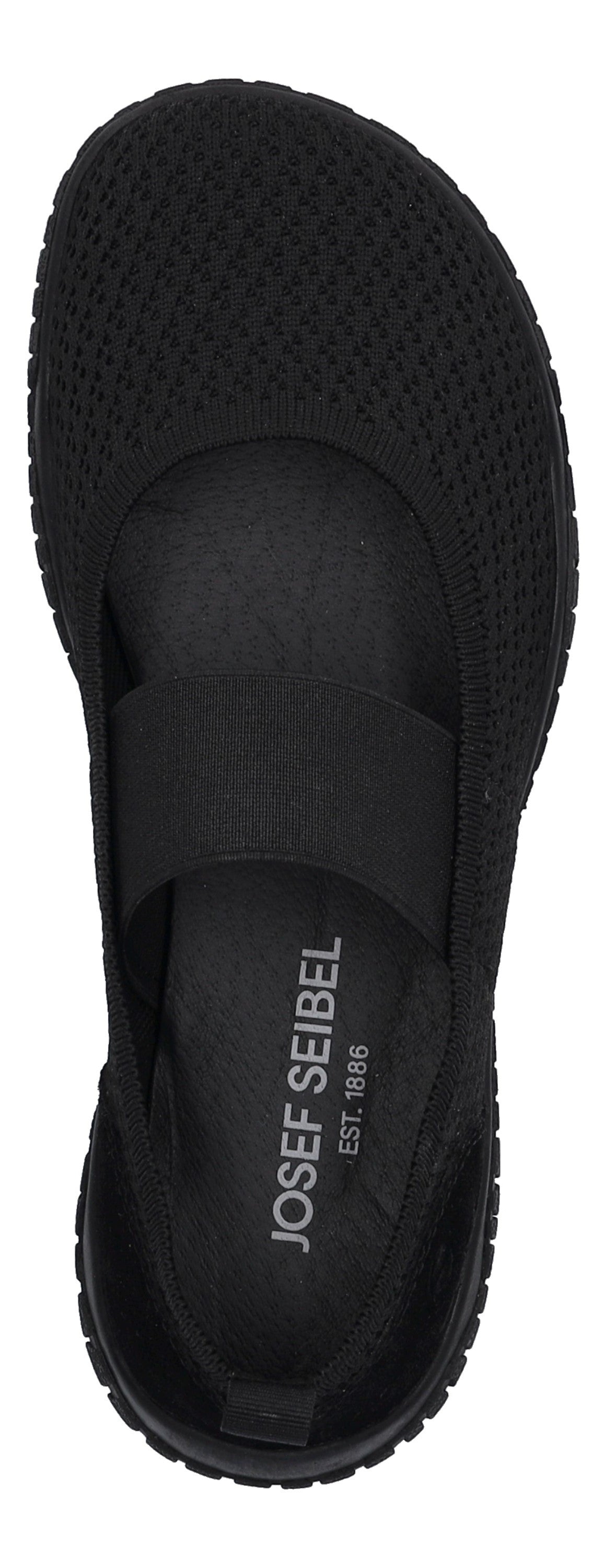 A black Mary Jane shoe with a strap, and the words JOSEF SEIBEL EST. 1886 visible on the insole.
