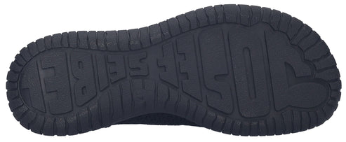 The sole of a shoe with a textured and lugged design.