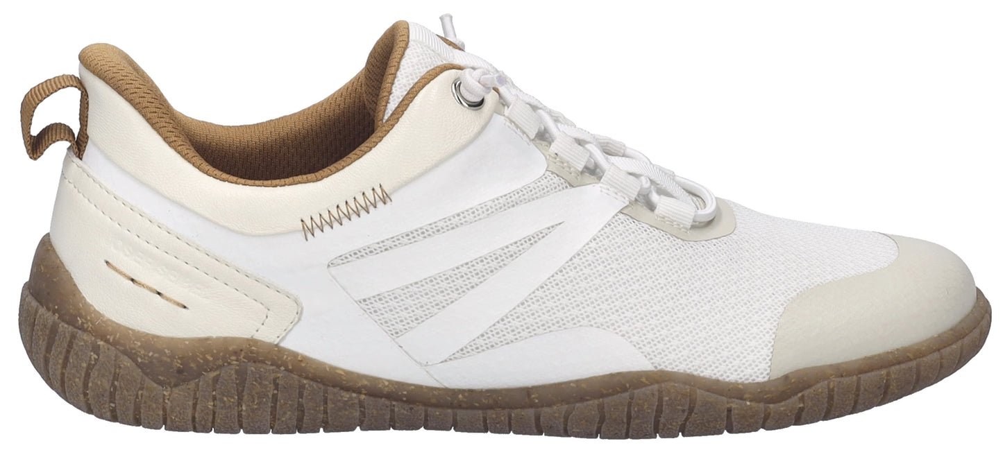 A side view of a white athletic shoe with a brown sole.