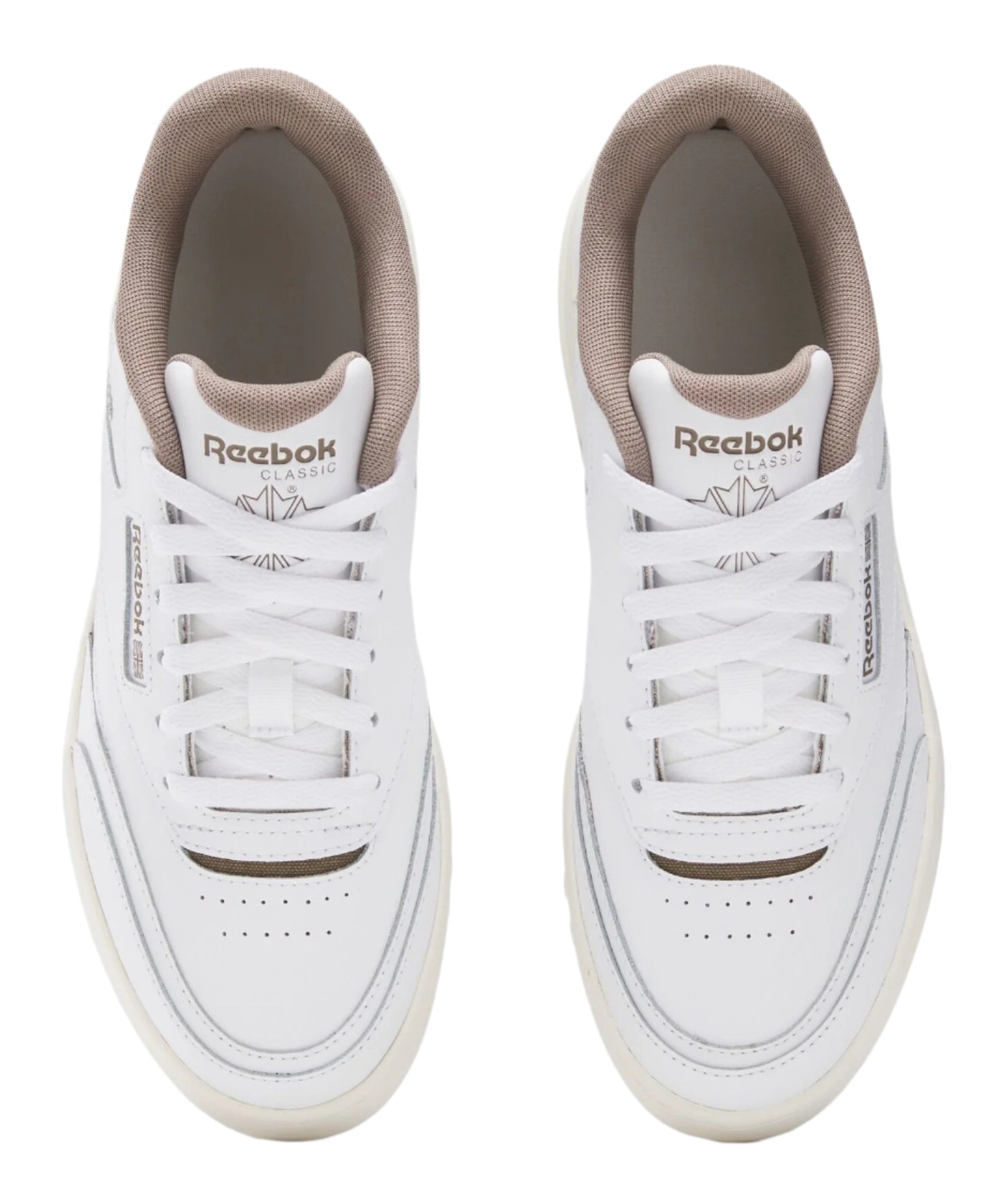 A pair of white, lace-up low top sneakers with a tan sock liner, viewed from above.