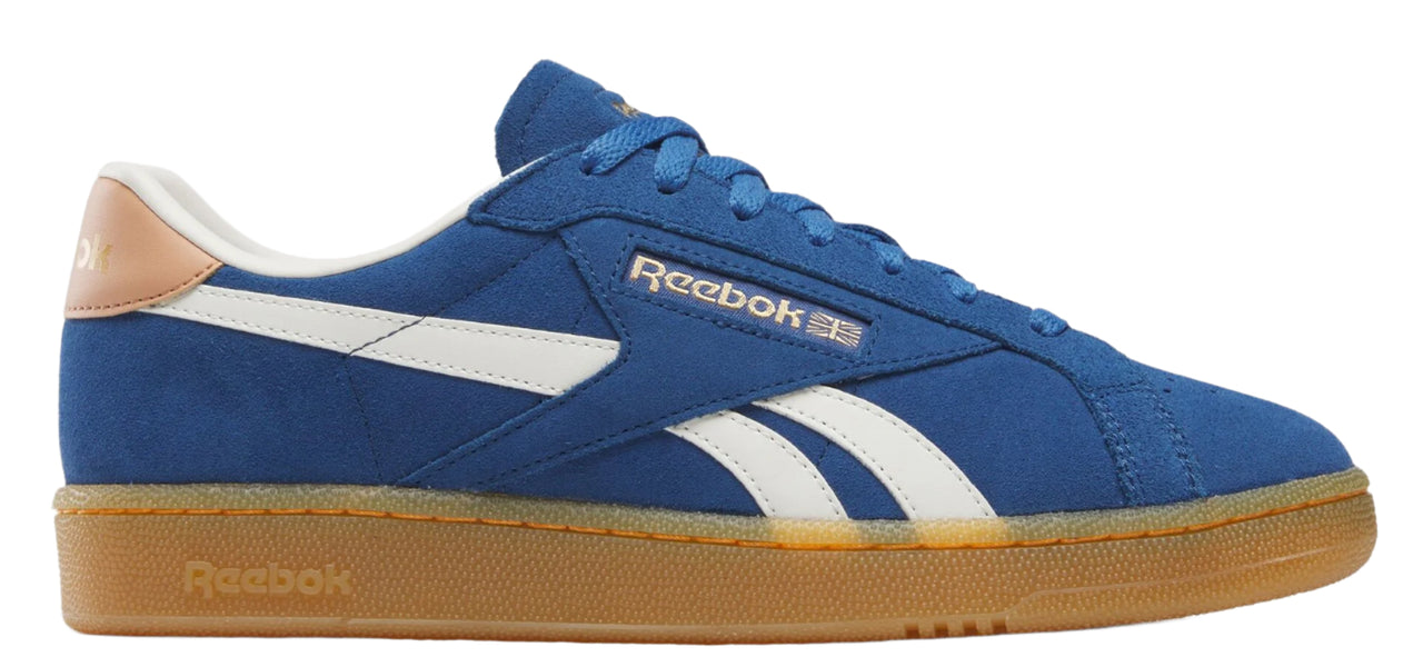 A blue sneaker with white stripes and a brown sole.
