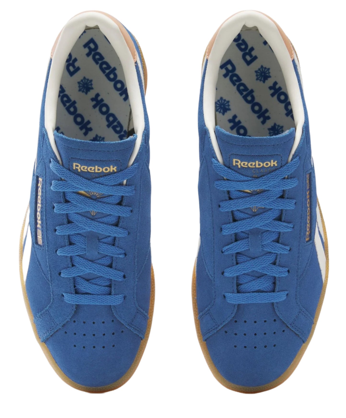 Two blue suede sneakers with white stripe and light brown rubber sole. The inside is white with repeating blue text.