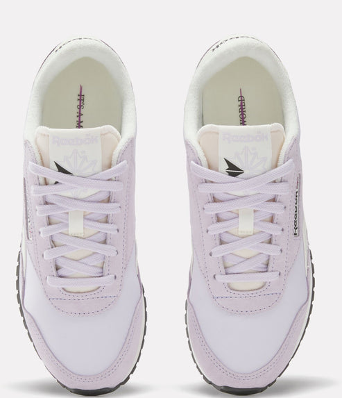 Overhead view of lavender and white sneakers with laces and a logo featuring a bird emblem.