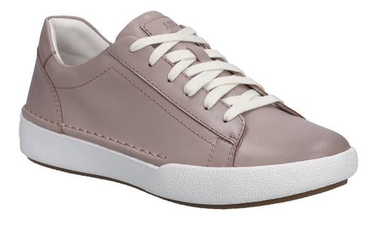 Mauve leather sneaker with white laces and a white sole.