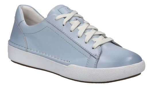 Light blue patent leather sneaker with white laces and white sole.