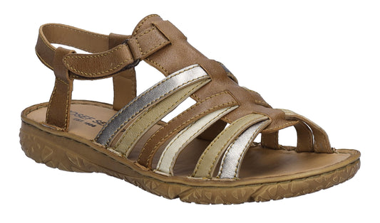 Brown leather sandal with toe-ring, overlapping straps and ankle strap.