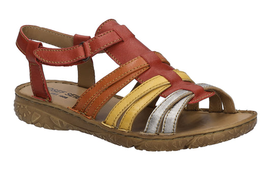 Multi-colored sandal with multiple straps.