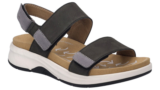 A black sandal with gray accents, a tan footbed with airflow design, and a white platform sole.