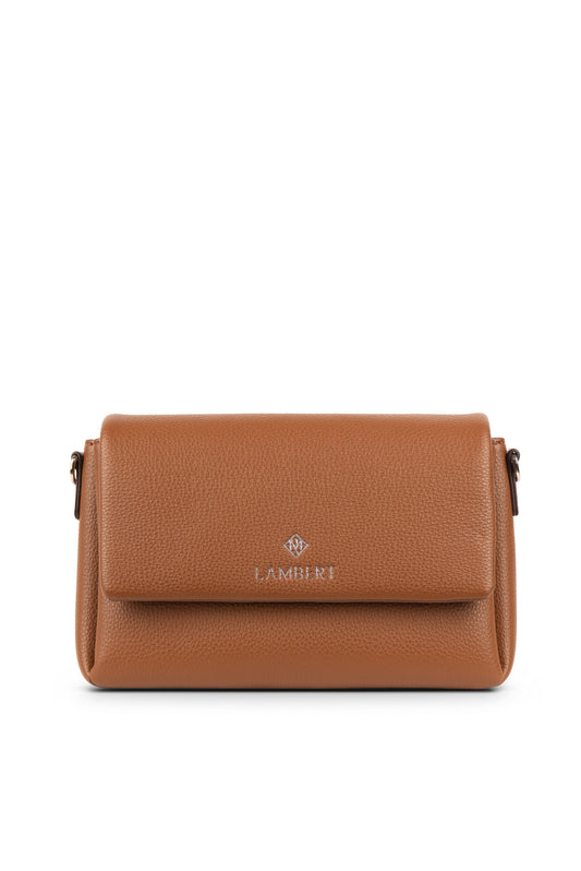 Tan purse with silver emblem labeled "LAMBERT".